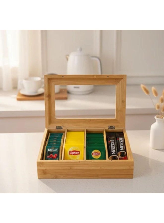 صندوق شاي خشبي أنيق بـ4 حجرات كبيرة وغطاء شفاف زجاجي، يرتب أكياس الشاي، الأعشاب، القهوة أو التوابل في مكان واحد، مثالي لتنظيم المطبخ أو المكتب بتصميم عصري ومتين. - Image 2